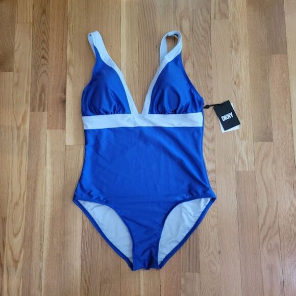 DKNY Plunging Colorblocked One-Piece Swimsuit Blue Size 16 - Picture 6 of 14